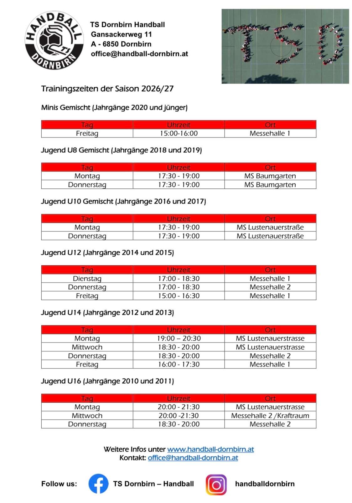 Trainingszeiten Saison 2026/27