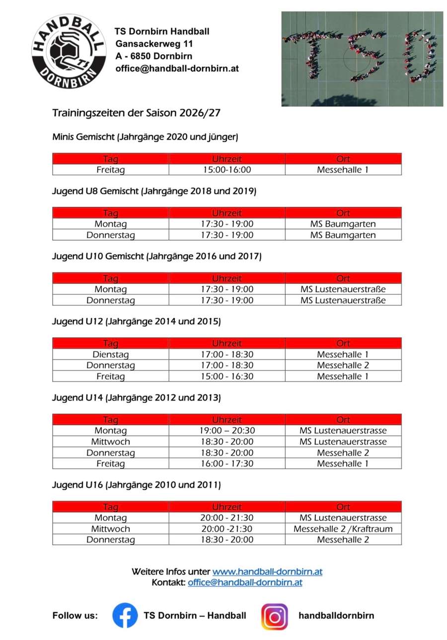 Trainingszeiten Saison 2026/27